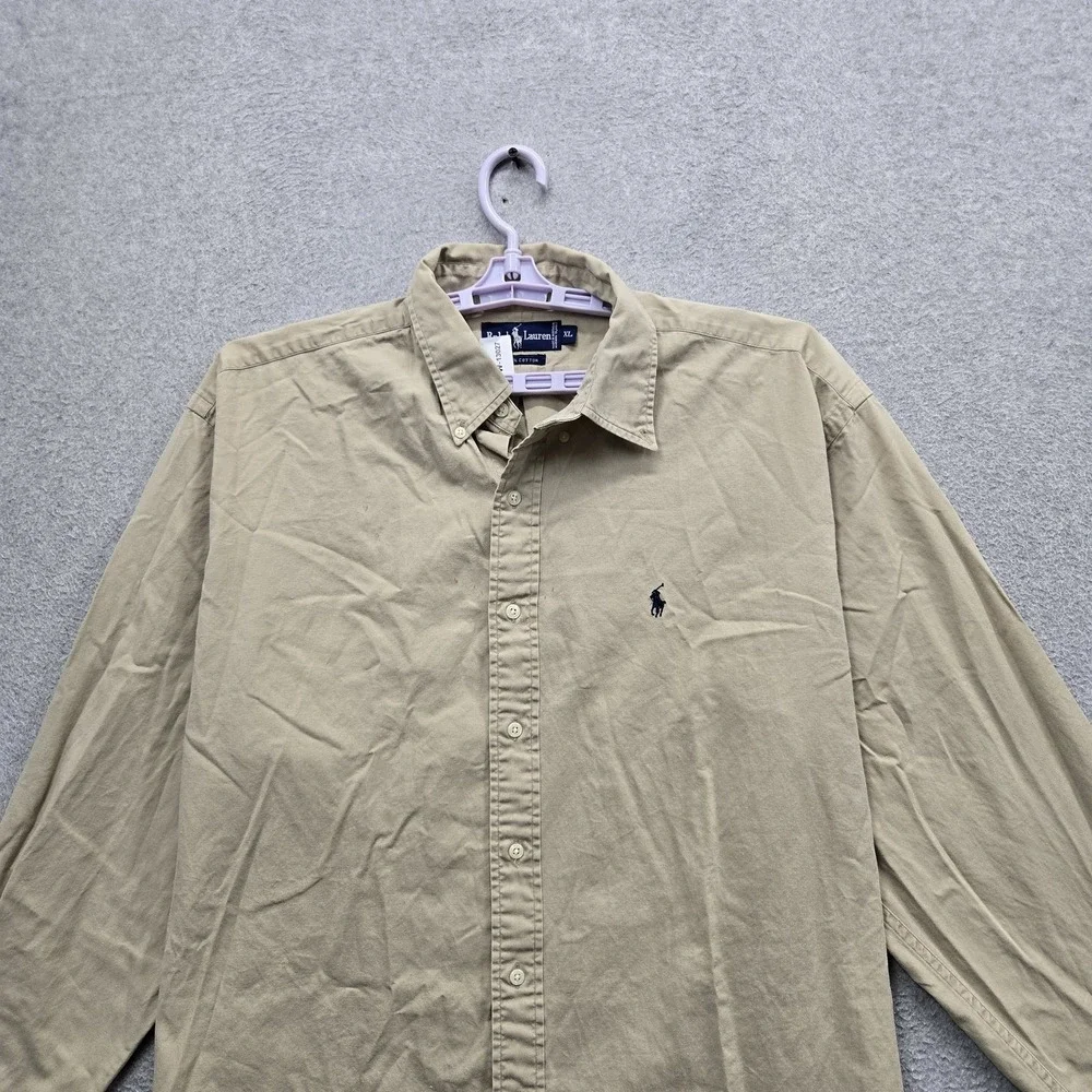 VINTAGE Ralph Lauren Men Button Up Shirt XL Khaki Embroidered Pony READ